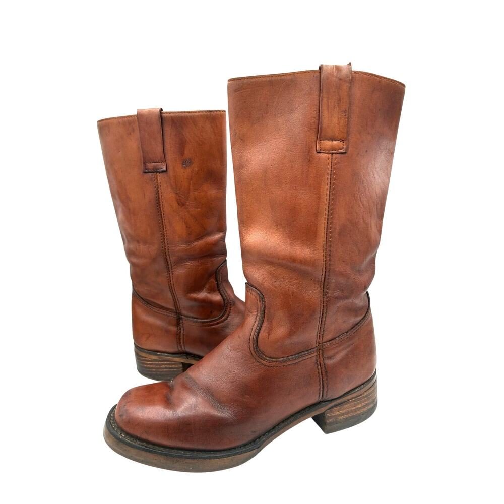Vtg 70s Campus Boots Women 10.5 / Men 9 Brown Square Toe Distressed Cognac